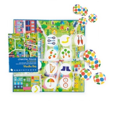 Jogo infantil com tabuleiro colorido, fichas redondas ilustradas e embalagem azul com texto