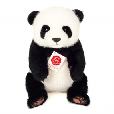 Ursinho de peluche panda preto e branco com etiqueta pendurada