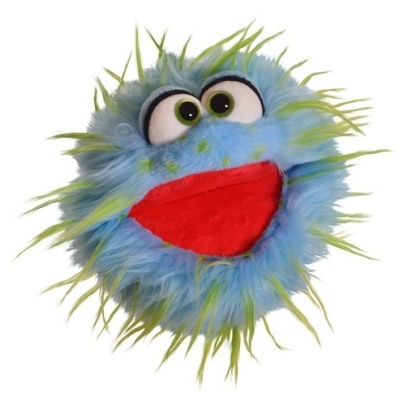 Brinquedo redondo para cão com pelo azul e verde e boca vermelha