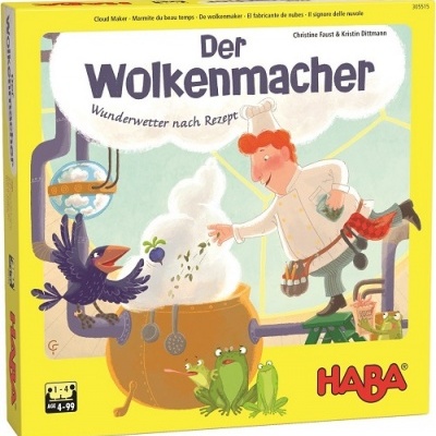 Caixa de jogo de tabuleiro Der Wolkenmacher com ilustração de homem e animais junto a panela fumegante