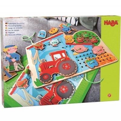 Jogo de atar infantil em madeira com trator vermelho e animais da quinta da marca HABA
