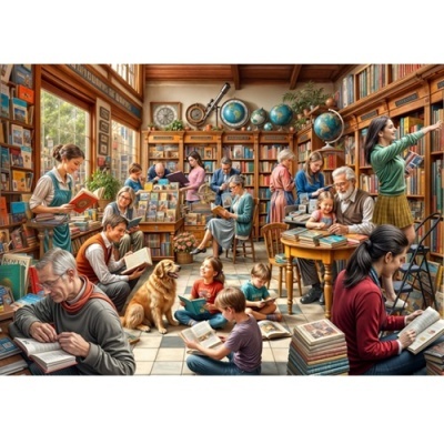 Pessoas a ler em livraria com estantes de madeira, livros coloridos, globos e mapas, ambiente iluminado e acolhedor