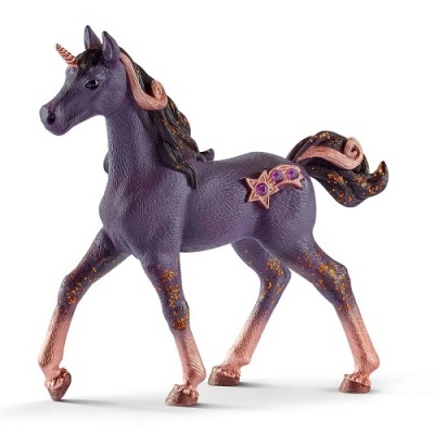Figura de cavalo-unicórnio roxo com detalhes rosas e estrela decorativa.