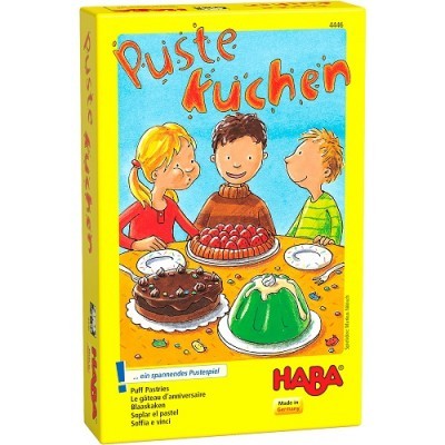 Embalagem do jogo Puste Kuchen da HABA com ilustração de crianças e bolos.