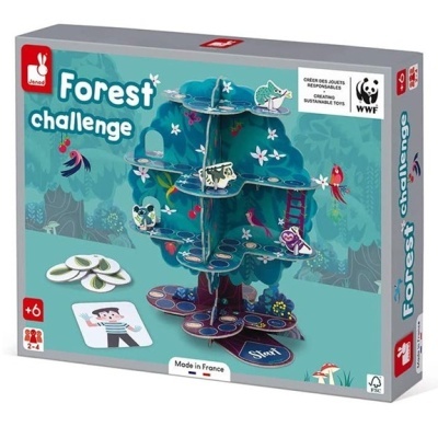 Jogo de tabuleiro Forest Challenge com árvore tridimensional e animais coloridos