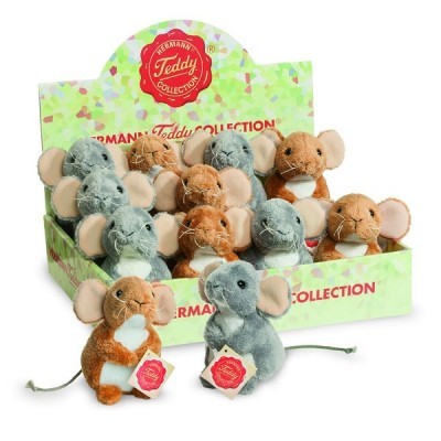 Ratinhos de pelúcia castanhos e cinzentos em caixa verde com texto vermelho