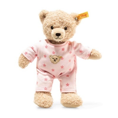 Urso de peluche castanho claro com pijama cor-de-rosa e etiqueta Steiff na orelha