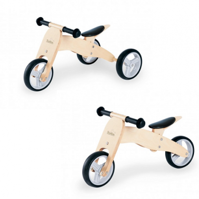 Triciclo e bicicleta de equilíbrio infantis de madeira clara com pneus pretos