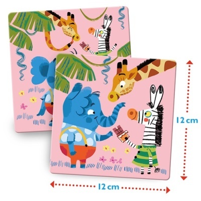 Quadrados decorados com ilustração colorida de girafa, zebra e elefante em estilo infantil