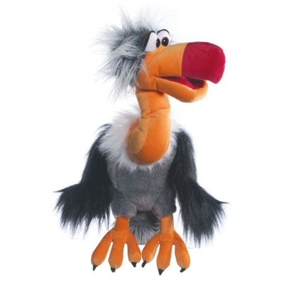 Pelúcia abutre cinzenta e laranja com bico vermelho e olhos grandes