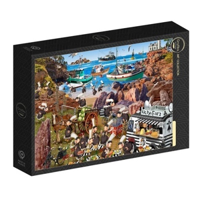 Caixa de puzzle com ilustração de porto de pesca animado
