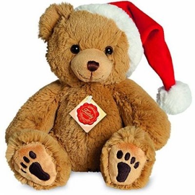 Ursinho de peluche castanho com chapéu de Natal vermelho e pompom branco