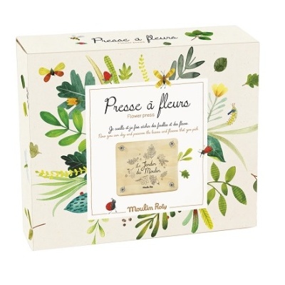 Embalagem de prensa para flores com ilustrações de plantas e texto em francês.