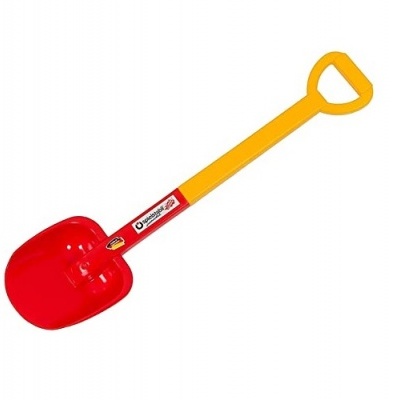 Pá de brinquedo para crianças amarela e vermelha com etiqueta Castelo de Areia