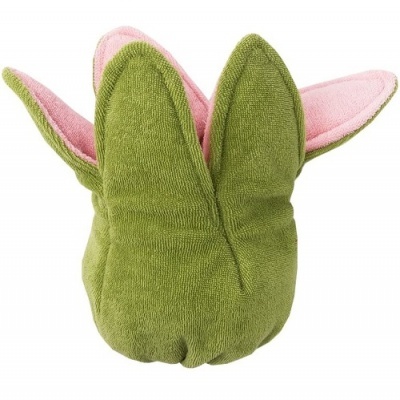 Luva de forno verde com interior rosa e formato de folhas