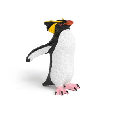 Figura decorativa de pinguim com bico vermelho e crista amarela