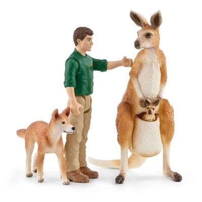 Conjunto de figuras de brinquedo: canguru, homem e cão