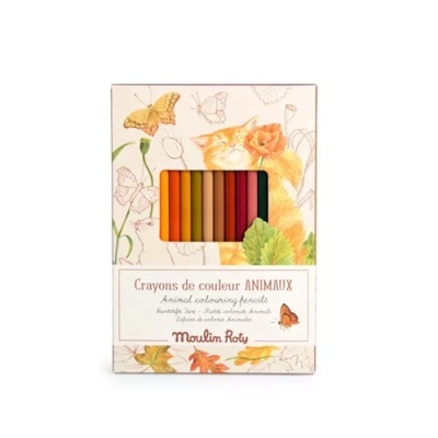 Lápis de cor Moulin Roty com embalagem ilustrada de gato e borboletas