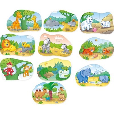 Conjunto de puzzles de animais selvagens para crianças, com cores vibrantes e diferentes animais em seus habitats.