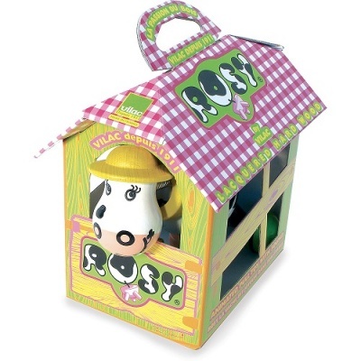 Embalagem de brinquedo em forma de casa com vaca de plástico e padrão xadrez rosa