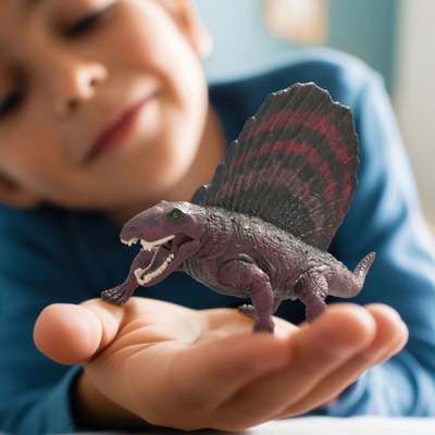 Figura de dinossauro Dimetrodonte roxo com detalhes vermelhos na mão de criança