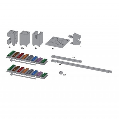 Peças de construção de plástico cinza e colorido organizadas sobre fundo branco.