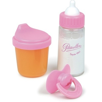 Conjunto de acessórios para bebé com biberão, copo e chupeta em tons de rosa e transparente