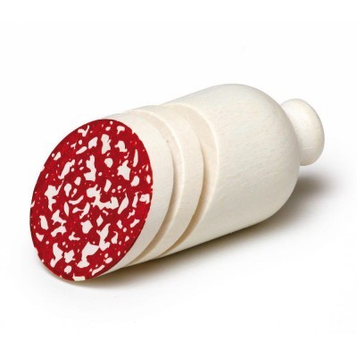 Selo de madeira com carimbo imitando fatiado de enchido vermelho e branco