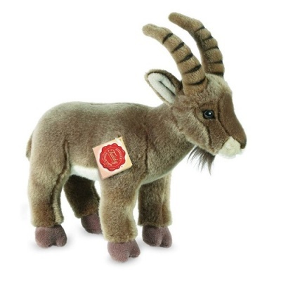 Pelúcia de cabra castanha felpuda com cornos retorcidos e etiquetas