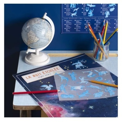 Mesa com cartazes e lápis de cor, globo terrestre e copo com lápis