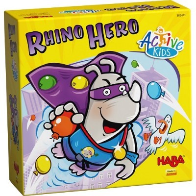 Caixa amarela do jogo 'Rhino Hero' com personagem rinoceronte super-herói