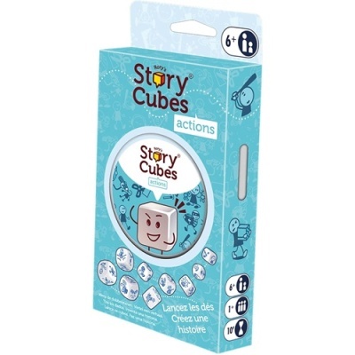 Embalagem azul do jogo Story Cubes actions com desenhos de dados