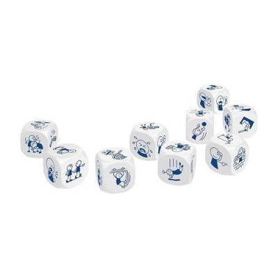 Dados brancos com desenhos azuis de personagens e expressões