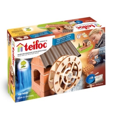 Caixa de brinquedo de construção teifoc moinho de água com tijolos e roda de madeira