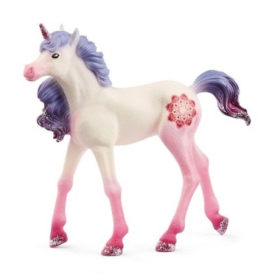 Figura de unicórnio branco e rosa com crina roxa e padrão floral
