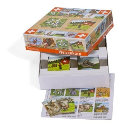 Jogo educacional com blocos ilustrados da Suíça e embalagem colorida