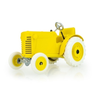 Miniatura de veículo amarelo com rodas brancas e volante prateado