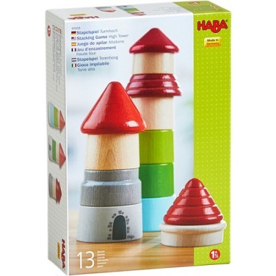 Jogo de empilhamento de madeira HABA com torres coloridas em caixa