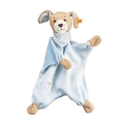 Boneco de peluche cão azul claro com lenço e etiqueta Steiff