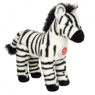 Peluche zebra com riscas pretas e brancas e etiqueta