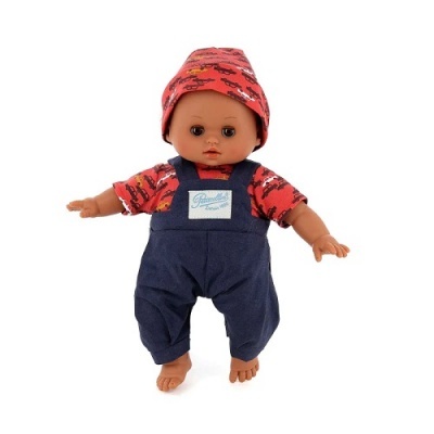 Boneca com roupa vermelha e azul e etiqueta Popolino