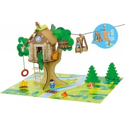 Brinquedo de casa na árvore de madeira colorida com figuras e base ilustrada