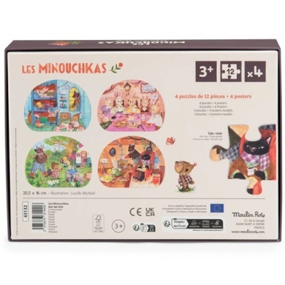 Embalagem de puzzles Les Minouchkas com 4 puzzles e 4 posters, desenhos de animais coloridos, indicação 3+.