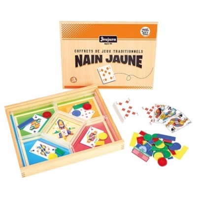 Jogo Nain Jaune com tabuleiro de madeira, cartas, fichas coloridas e dinheiro de jogo
