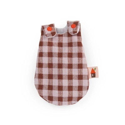 Roupinha xadrez castanha e branca para bebé ou boneca com botões laranja