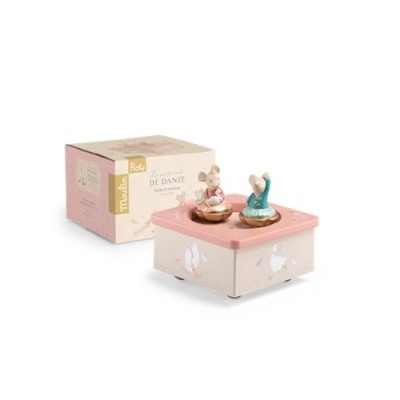 Caixa de música quadrada de madeira com figuras de ratos a dançar e ilustrações de cisnes.