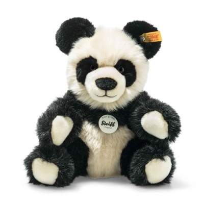 Ursinho de peluche panda preto e branco com etiqueta amarela Steiff