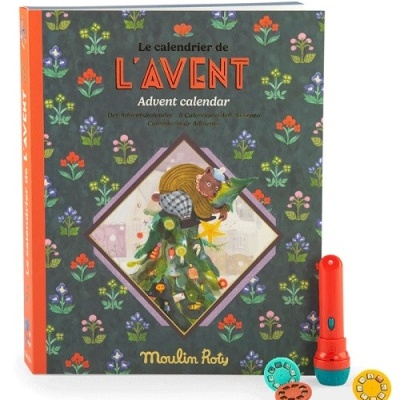 Calendário do Advento com capa de livro e três acessórios plásticos coloridos