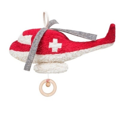 Brinquedo suspenso em forma de helicóptero vermelho e branco com anel de madeira