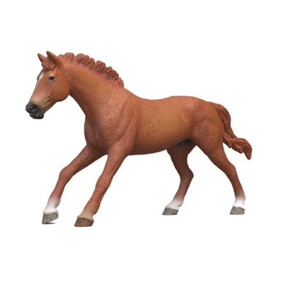 Figura decorativa de cavalo castanho com manchas brancas nas patas
